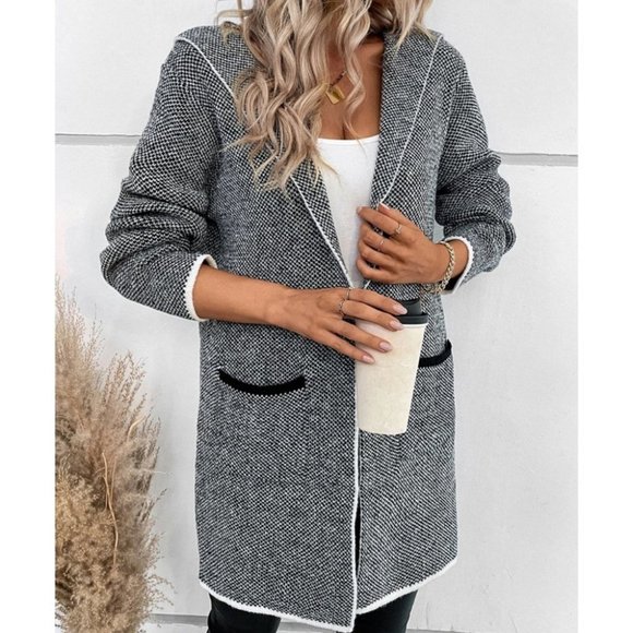 Pocketed Hooded Black Binding detailed knit sweater Cardigan - Picture 4 of 7